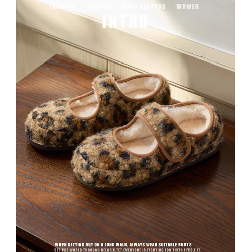 小熊豹纹玛丽珍面包毛毛鞋女外穿