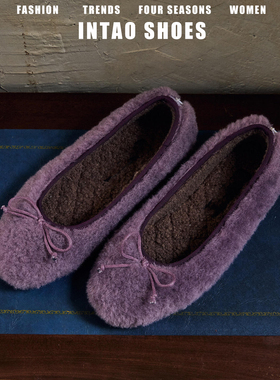 绝美紫色蝴蝶结毛毛单鞋女冬季外穿加绒2025新款法式温柔风晚晚鞋