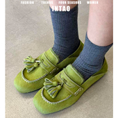 一脚蹬复古单鞋 小众绿色流苏乐福鞋 法式 平底豆豆鞋 女2026春季 新款