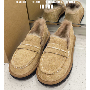 牛皮版~复古加绒厚底乐福鞋女2025冬季新款超火毛毛鞋豆豆棉单鞋
