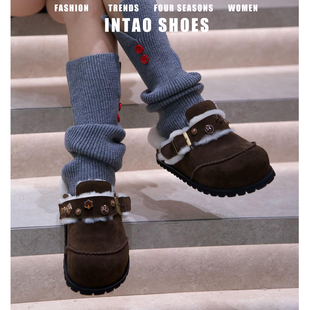 包头厚底穆勒鞋 女冬外穿水钻毛毛鞋 复古加绒内增高勃肯鞋 牛皮版