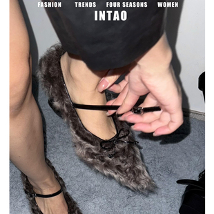 蝴蝶结单鞋 尖头坡跟高跟鞋 女秋冬2025新款 高级感棕色玛丽珍毛毛鞋