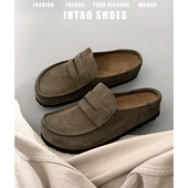 41到43勃肯鞋 男女同款 2026新款 沙色大码 一脚蹬厚底复古包头半拖鞋