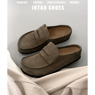 沙色大码41到43勃肯鞋男女同款2026新款一脚蹬厚底复古包头半拖鞋