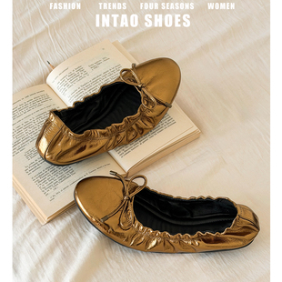 金色蝴蝶结法式芭蕾鞋女外穿2026春季新款浅口奶奶鞋绝美褶皱单鞋