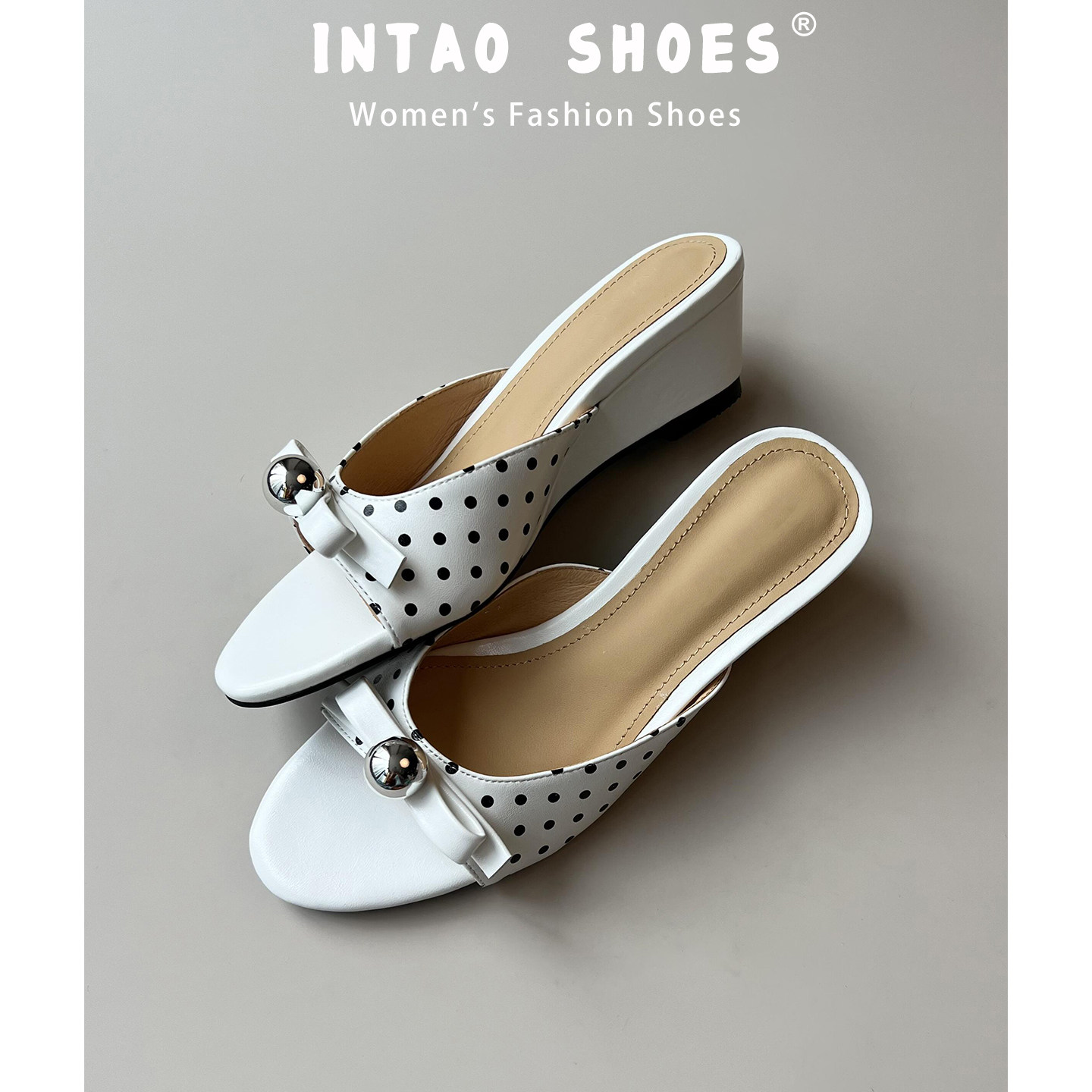 绝美白色波点蝴蝶结坡跟拖鞋女夏季2026新款巨好看法式小凉拖高跟