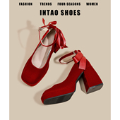 绝美防水台高跟鞋 新娘鞋 女粗跟2026春季 法式 新款 红色婚鞋 丝绒单鞋