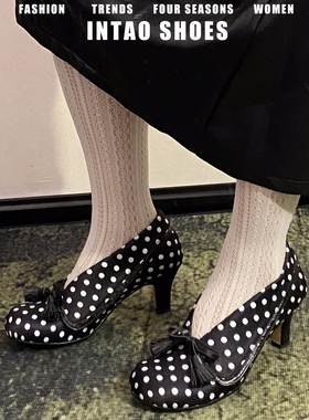 法式黑色波点蝴蝶结高跟鞋粗跟2026早春新款一脚蹬绝美玛丽珍单鞋