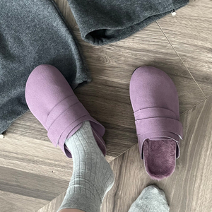 紫色包头毛毛鞋女冬加绒保暖厚底棉拖鞋一脚蹬内增高魔术贴勃肯鞋
