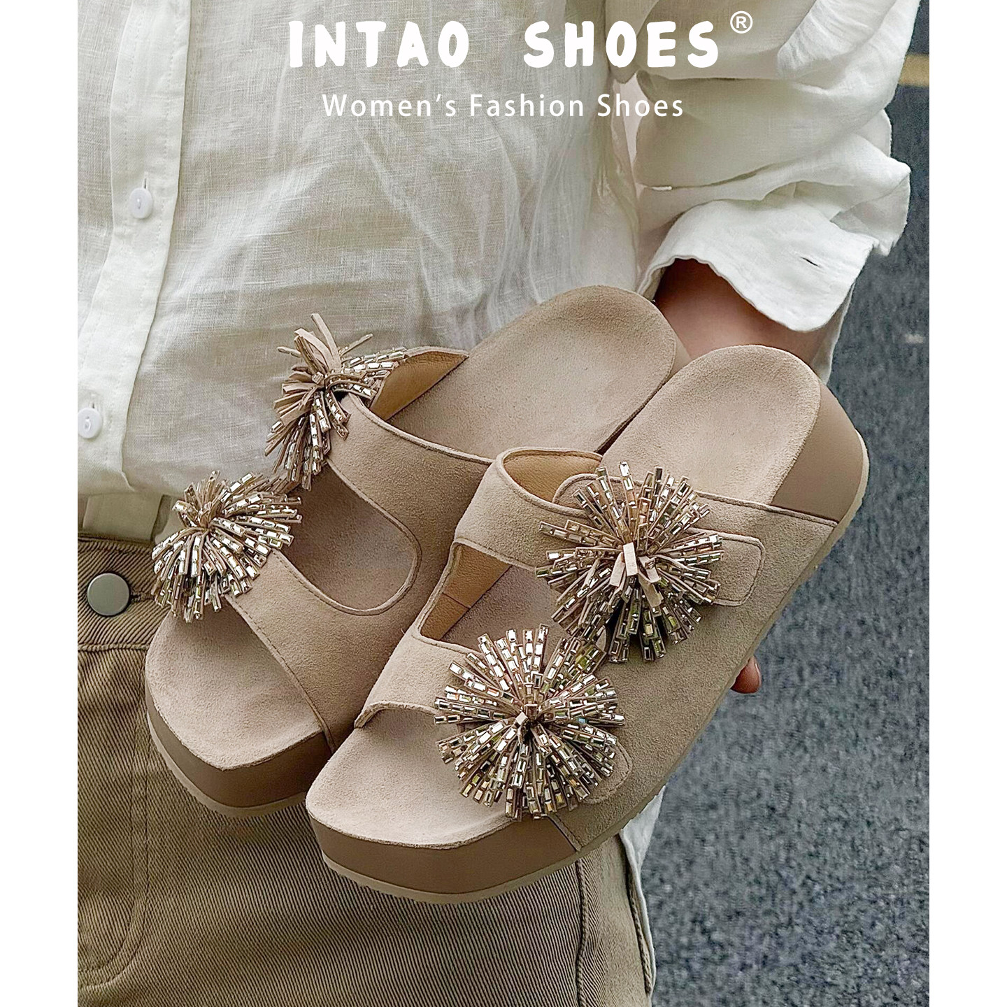 爆款烟花水钻厚底增高一字拖鞋女夏外穿2026新款一脚蹬勃肯鞋凉拖