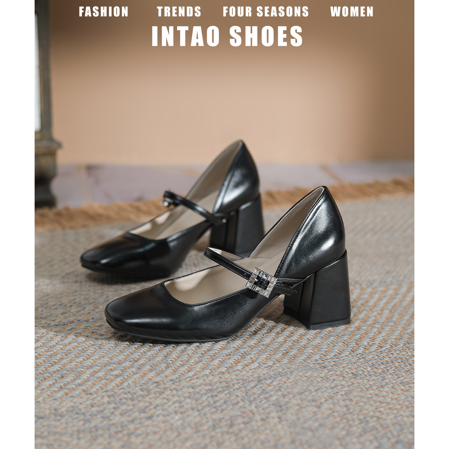 法式黑色方头真皮高跟鞋女粗跟配裙子2026春季新款中空玛丽珍单鞋