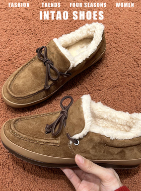 牛皮版~法式复古豆豆毛毛鞋女冬季外穿加绒老钱风乐福鞋深口单鞋