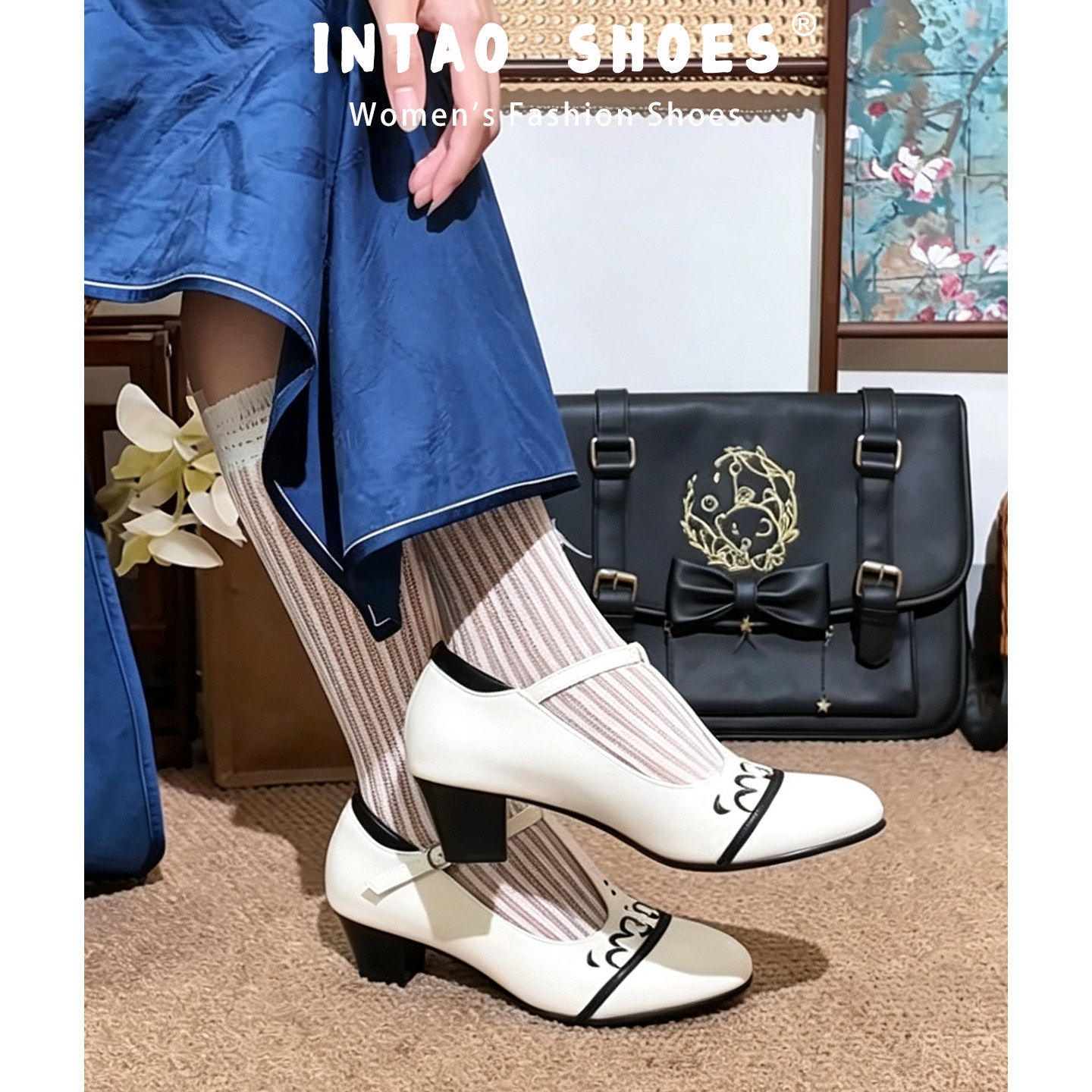 设计感手工雕花白色T字带单鞋女