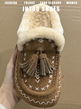 牛皮版~流苏厚底内增高毛毛勃肯鞋女冬外穿一脚蹬加绒包头半拖鞋