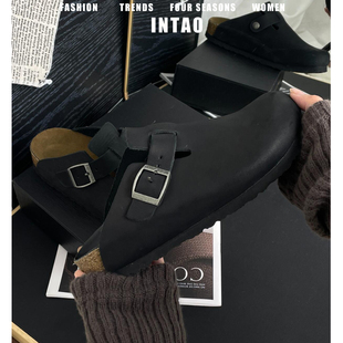 牛皮版~黑色大码内增高勃肯鞋男女款2026年秋季新款厚底包头拖鞋