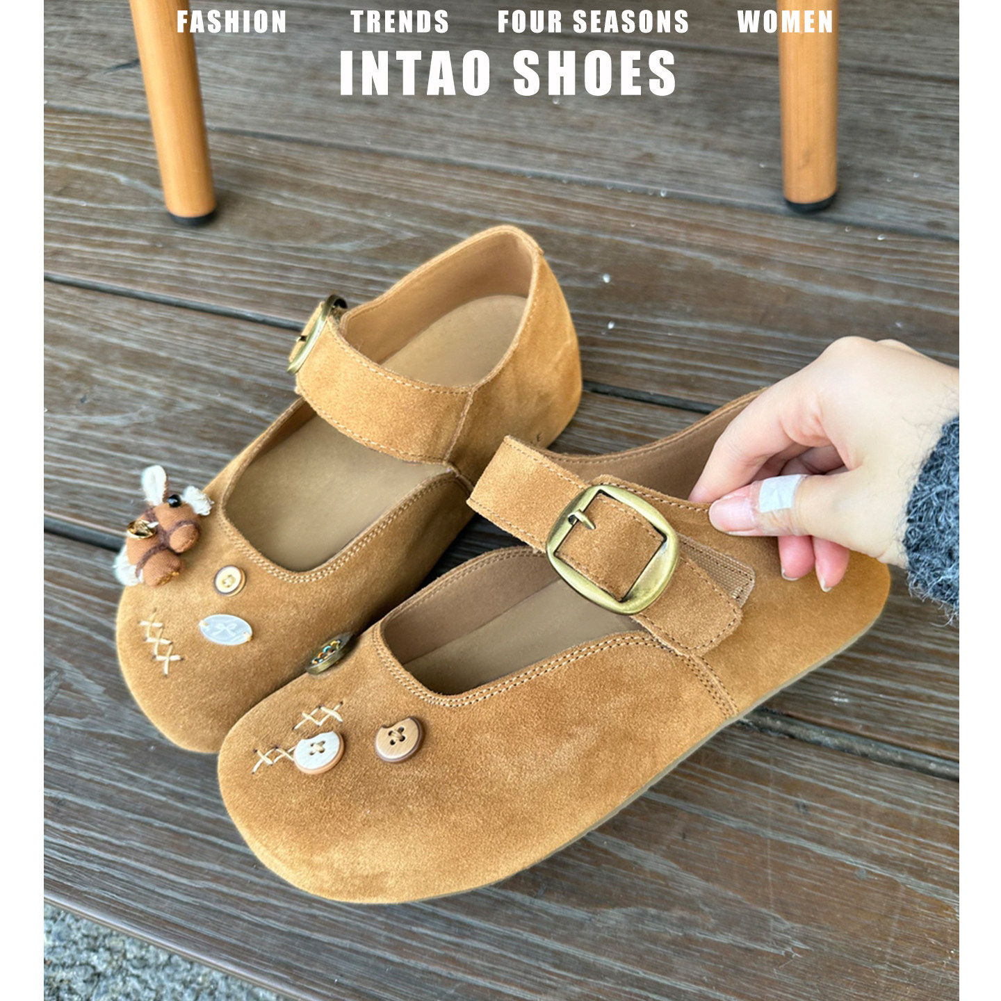 绝美纽扣厚底玛丽珍勃肯鞋女外穿2026年春季新款内增高魔术贴单鞋