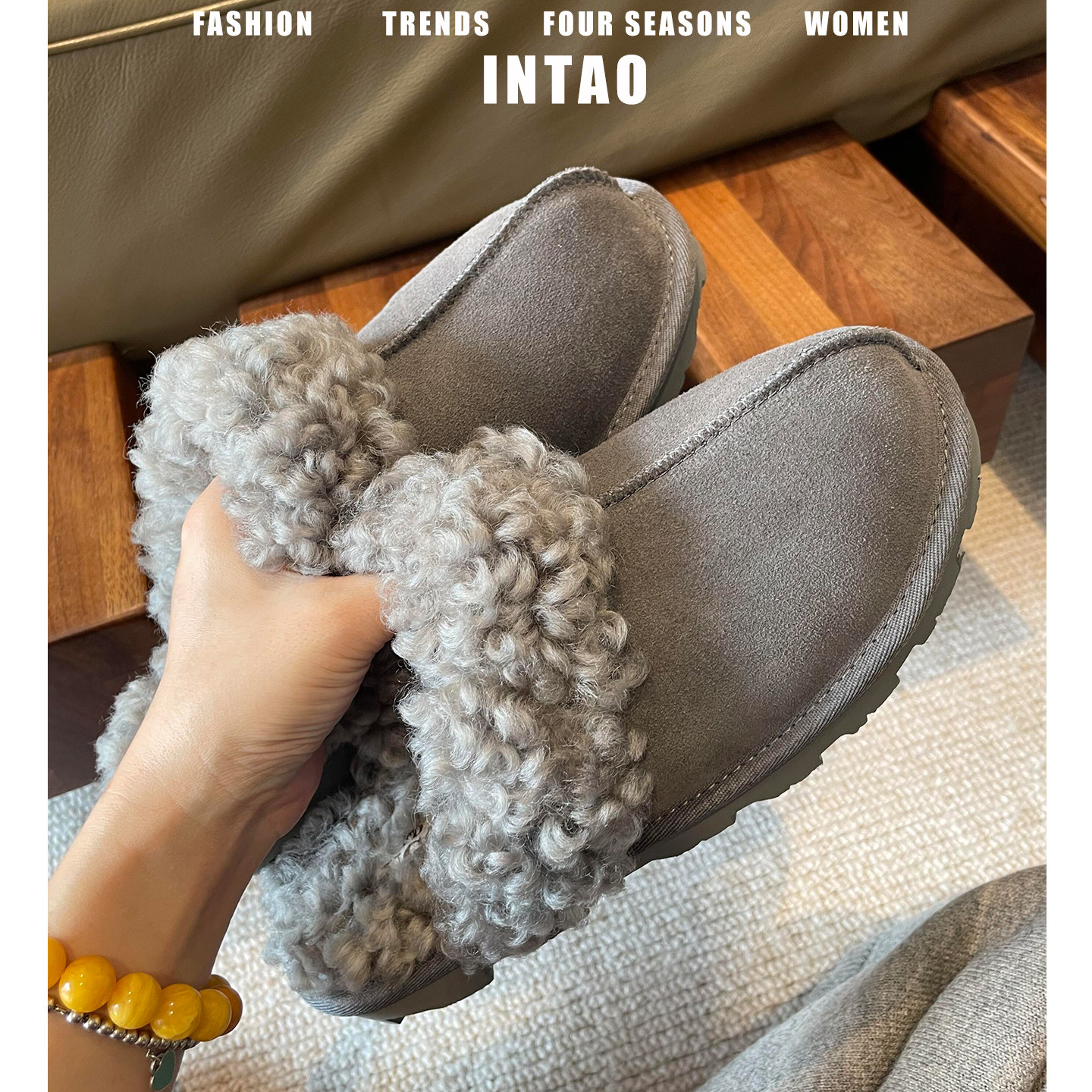 泰迪卷灰色厚底毛毛鞋女外穿加绒2026秋冬新款一脚蹬包头保暖棉鞋