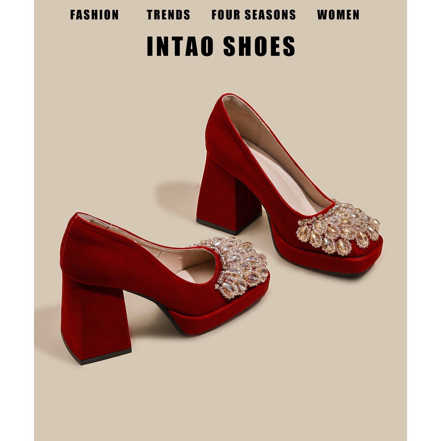 高级感红色防水台高跟鞋女粗跟2026春季新款法式秀禾婚鞋方头单鞋