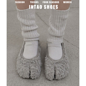 高级感灰色分趾毛毛鞋 复古马蹄单鞋 女冬加绒一脚蹬平底豆豆鞋 法式