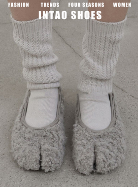 高级感灰色分趾毛毛鞋女冬加绒一脚蹬平底豆豆鞋法式复古马蹄单鞋