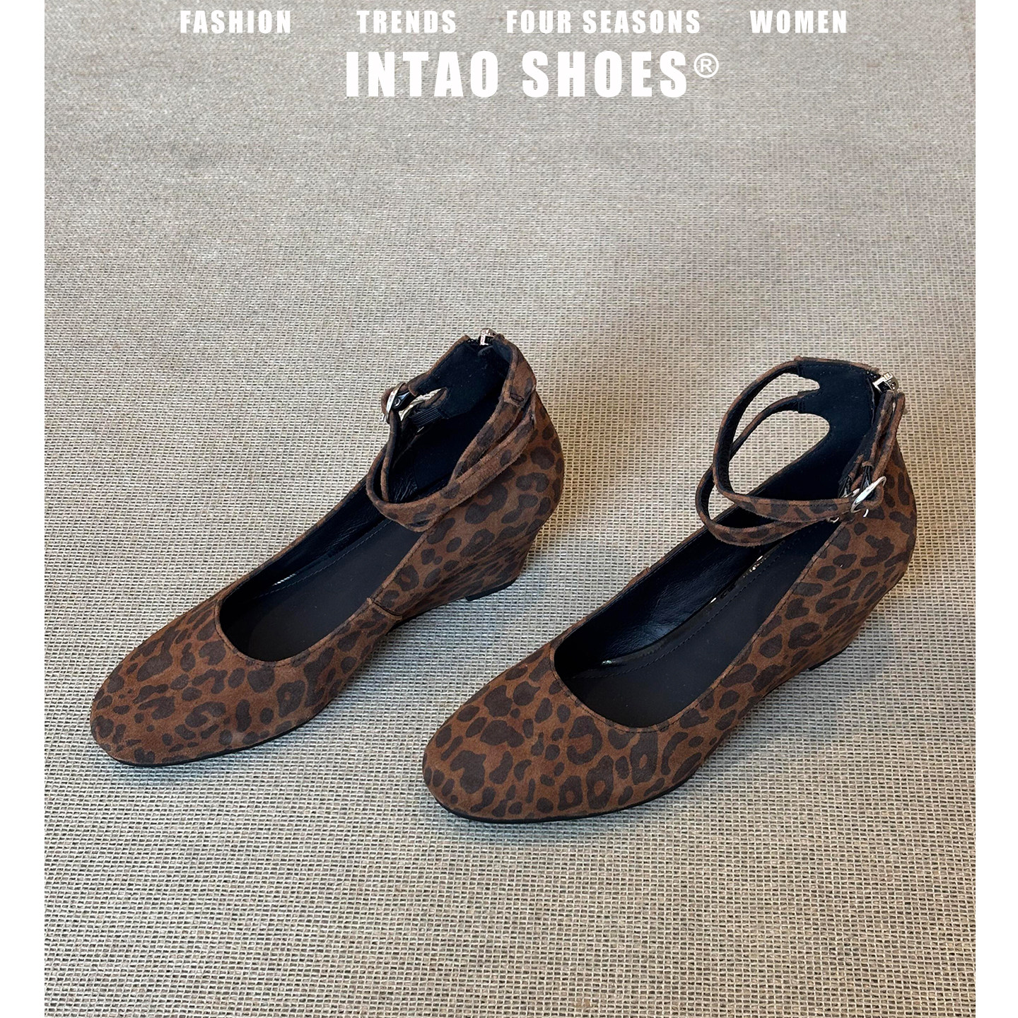 复古豹纹浅口一字带单鞋女2026春夏新款法式气质坡跟玛丽珍高跟鞋