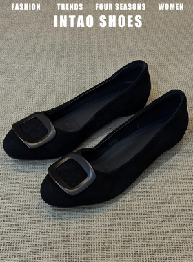 黑色方头扣浅口单鞋女平底2026年春季新款通勤工作鞋一脚蹬奶奶鞋