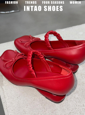 法式蝴蝶结浅口单鞋女2026年新款红色玛丽珍婚鞋苹果头异形高跟鞋