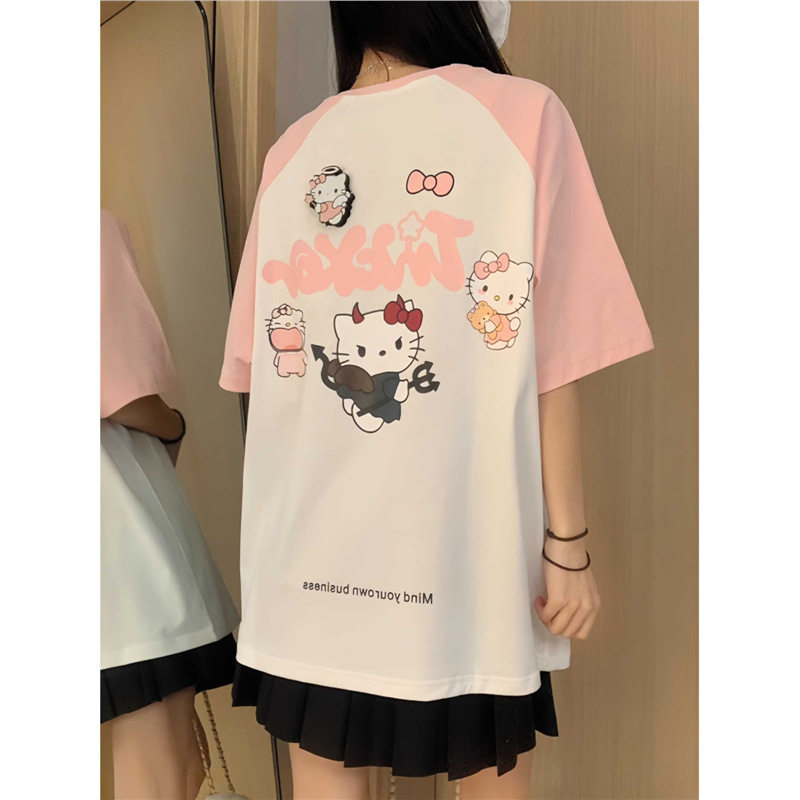 200斤纯棉粉色插肩短袖t恤闺蜜装夏季女大学生多巴胺宽松显瘦上衣