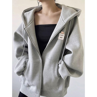 即墨纯棉卫衣女连帽秋冬设计感小众韩版 棒球服外套潮 加绒加厚开衫