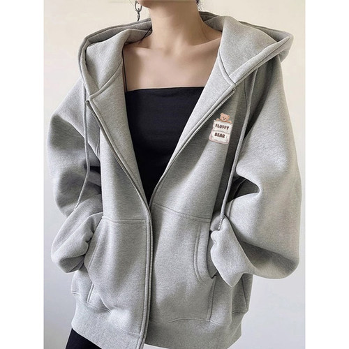 即墨纯棉卫衣女连帽秋冬设计感小众韩版加绒加厚开衫棒球服外套潮