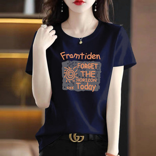 外贸专柜品牌大牌时尚 T恤女网红半袖 设计感上衣潮 印花藏青色短袖