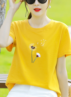 即墨纯棉黄色夏季短袖t恤女宽松正肩女装高级感洋气半袖上衣服潮