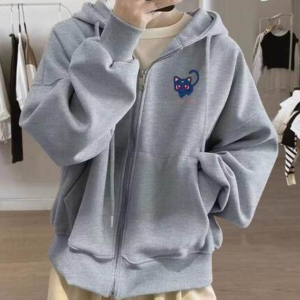 外贸品牌新品纯棉连帽卫衣女秋冬小个子开衫时尚外穿加绒加厚外套