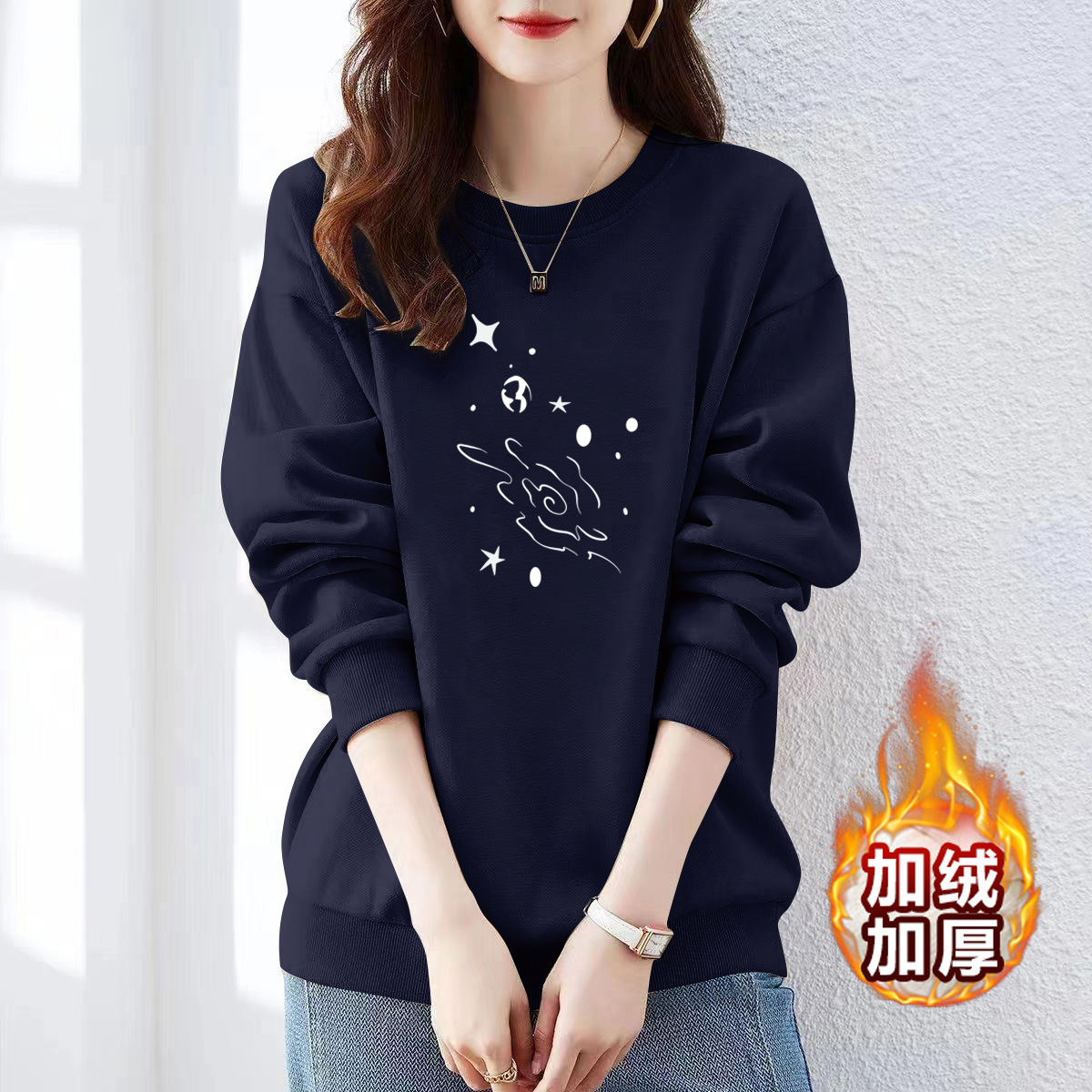 高端品牌即墨纯棉卫衣女秋冬新款小众设计感时尚印花加绒加厚外套