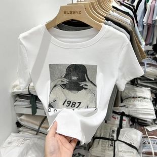 品牌折扣店捡漏清仓美式 T恤女宽松显瘦漂亮上衣 女装 复古印花短袖