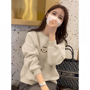 山东即墨流行纯棉卫衣女秋冬正肩加绒简约高级感洋气加厚杏色外套