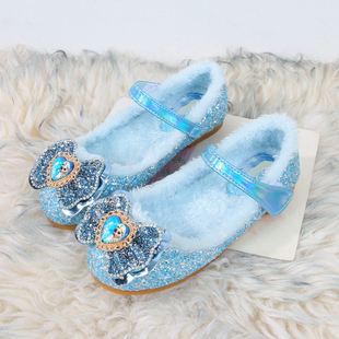 女童公主鞋秋冬季配裙子爱莎水晶加绒女宝软底小皮鞋艾莎儿童鞋子