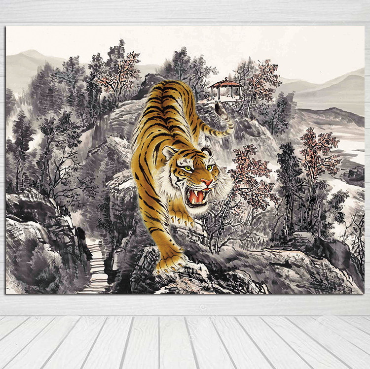 大幅老虎画报猛虎下山图书房装饰墙贴自粘壁纸画挂画定做无框画芯