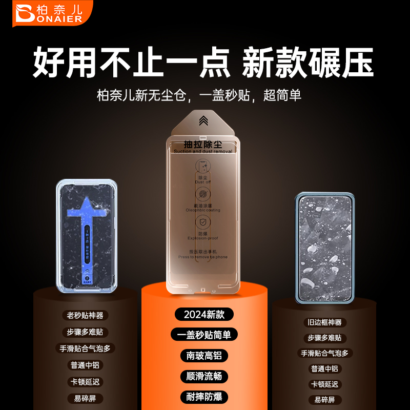 柏奈儿适用苹果15pro钢化膜高清iphone15防摔13promax全屏覆盖xr听筒防尘14plus防窥12无指纹11无尘仓xs手机