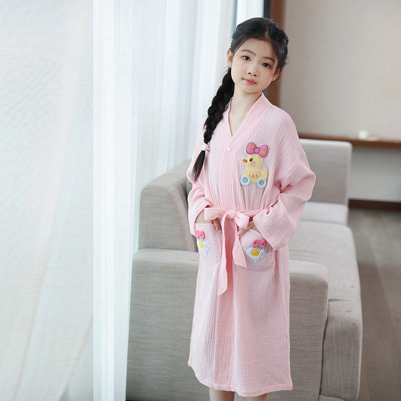 亲子儿童浴袍纯棉卡通小鸭刺绣系带开襟浴衣夏季速干家居服