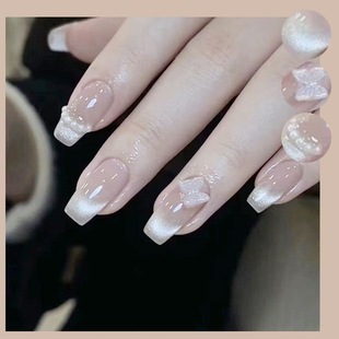 2026年新款儿童美甲穿戴甲感中长款庄周梦蝶猫眼24片假指甲贴