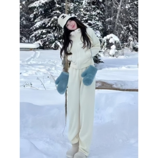 JK韩版连帽拉链加绒加厚卫衣运动服套装女秋冬款开衫休闲长裤