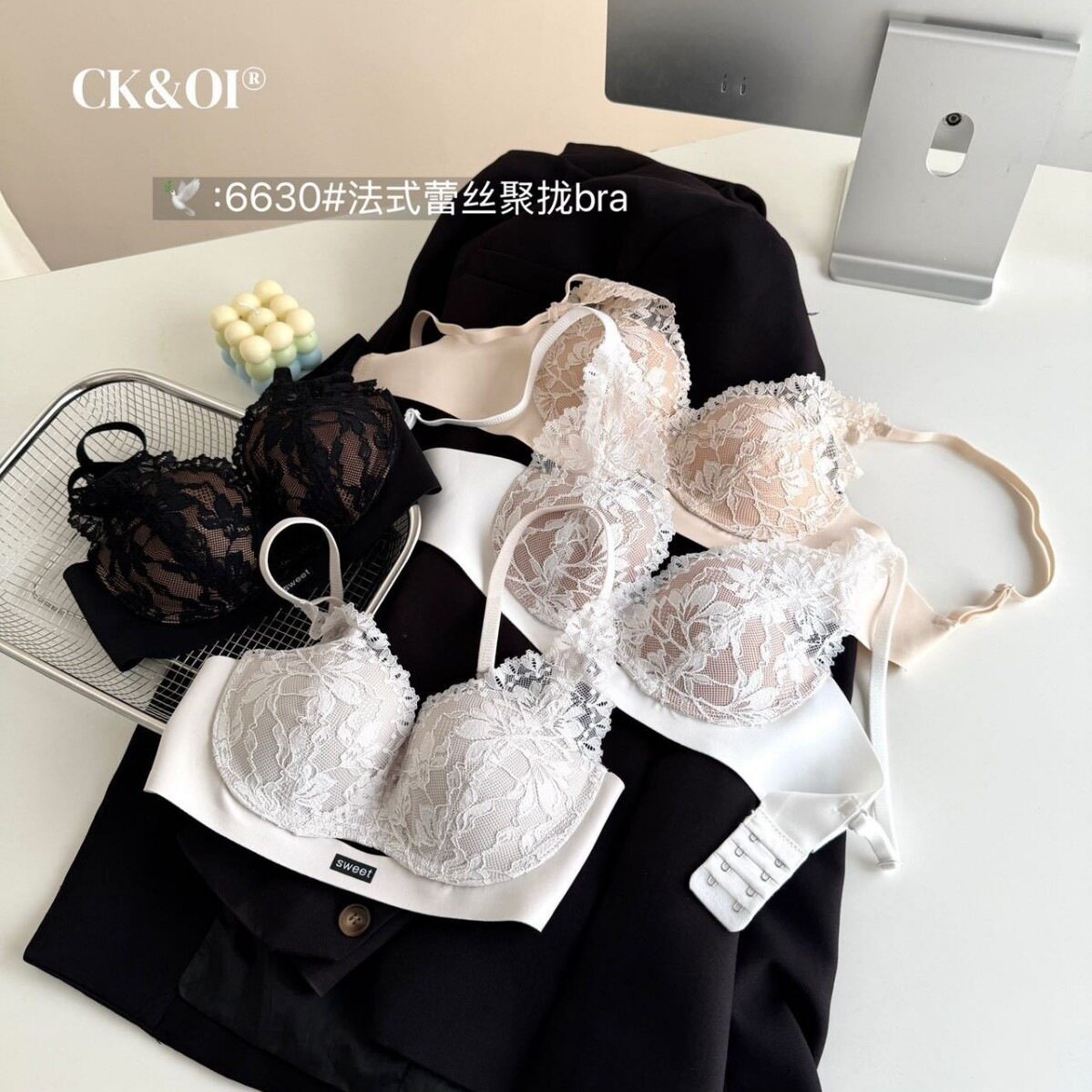 CK&OI 6630#&nbsp;法式蕾丝聚拢bra无钢圈侧收副乳透气深V内衣女批发