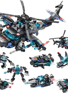 乐迪拼55013特警精英8合体武装直升机机器人巡逻车组装积木玩具6+