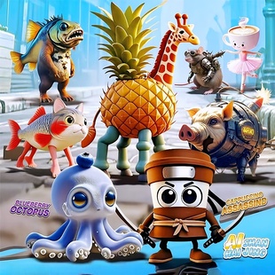 AI山海经茶壶人章鱼科鳄鱼战机鲨鱼大象大脚猿犀牛拼装积木玩具