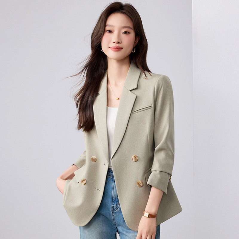 高端果绿色毛呢西装外套女2025秋冬新款时尚双排扣女西服宽松