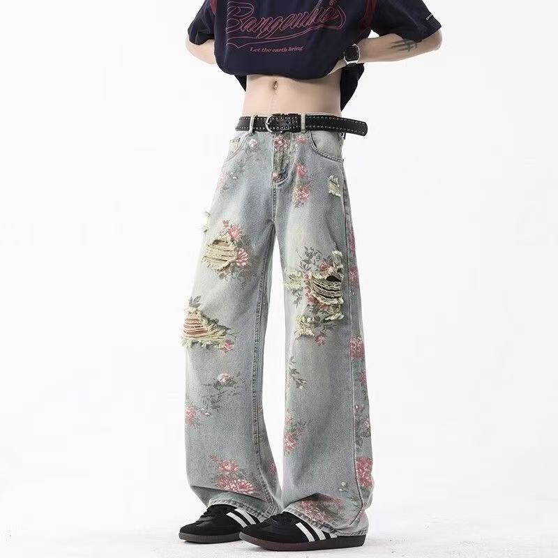 花卉满印破洞牛仔裤男款夏季美式高街设计感裤子弯刀微喇直筒裤
