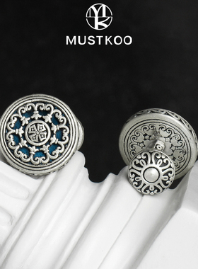 玛诗杜原创欧式古银巴洛克复古镂空手工雕花法式袖扣男珐琅填色