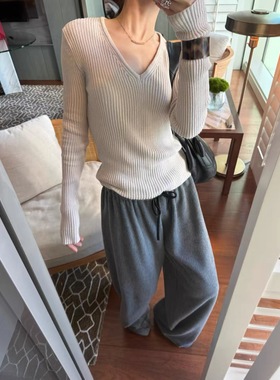 AII-in韩系V领软糯针织打底衫女高级感绒面抗条设计感长袖上衣冬