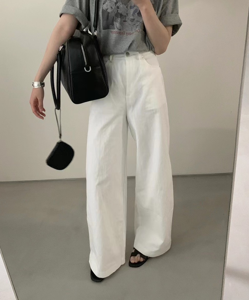 TABLE3591 白色直筒阔腿长裤女2025夏装高腰显瘦宽松阔腿拖地裤子